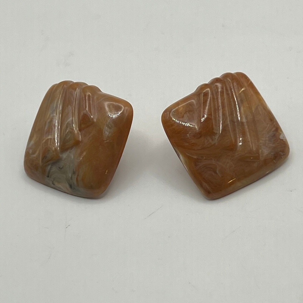Vintage Pierced‎ Earrings Brown Orange Acrylic Square Marbled